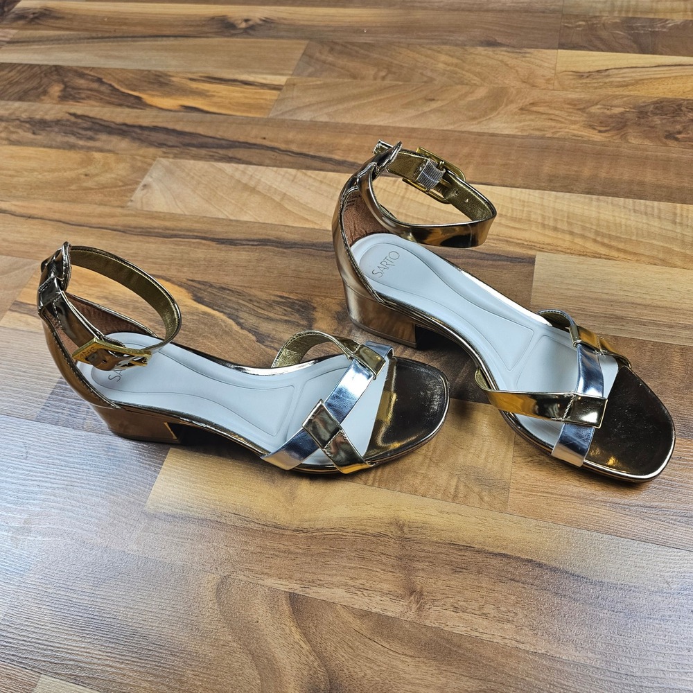 Franco Sarto Nerissa Block Heel Sandals Metallic Gold Silver Womens 6 Dress